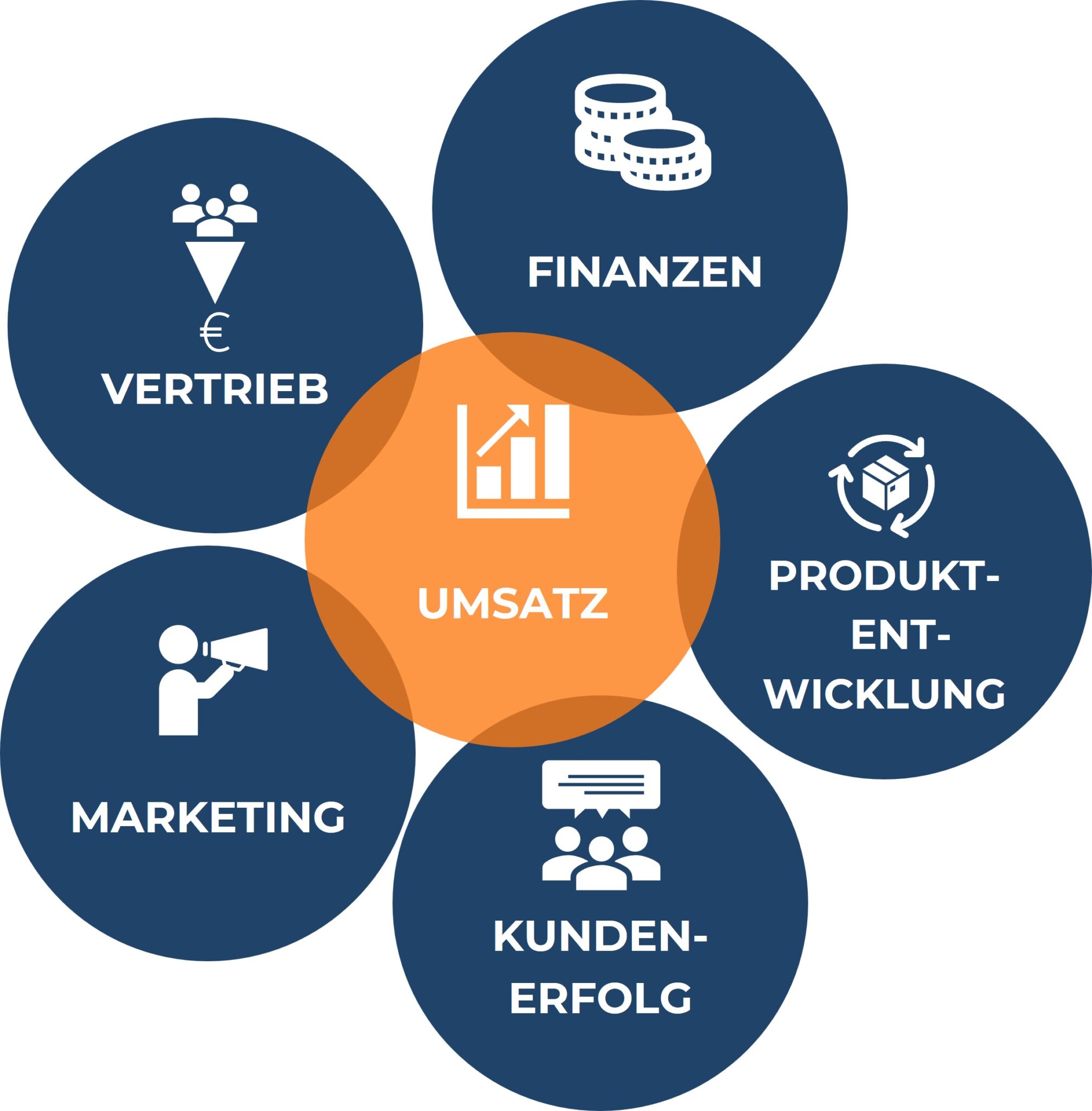 Grafik mit fünf Bereichen (als Kreise dargestellt), die der Chief Revenue Officer (CRO) koordiniert: Vertrieb, Finanzen, Produktentwicklung, Kundenerfolg und Marketing. Im Zentrum steht das Thema „Umsatz/Umsatzsteigerung“, das alle Bereiche miteinander verbindet.