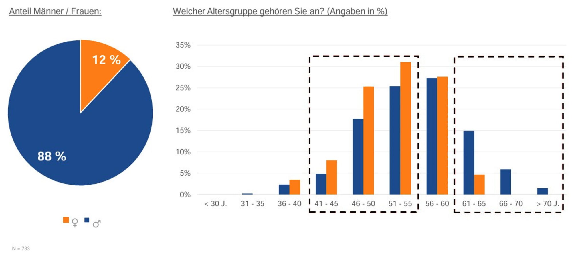 Diagramm mit zwei Visualisierungen zur Darstellung der demografischen Merkmale von Interim Führungskräften. Links ein Kreisdiagramm, das den Anteil von Männern (88 %) und Frauen (12 %) zeigt. Rechts ein Balkendiagramm, das die Altersverteilung darstellt, mit Fokus auf die Altersgruppen 51–55 Jahre und 56–60 Jahre, die den größten Anteil ausmachen.