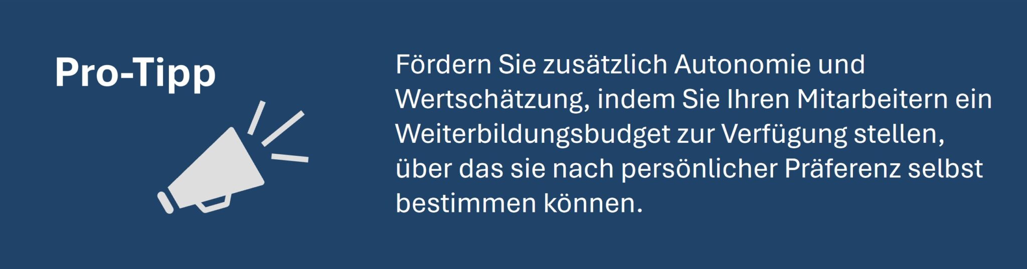 Grafik mit drittem Pro-Tipp für Recruiting in Mainz: Fördern Sie Autonomie und Wertschätzung, indem Sie Ihren Mitarbeitern ein Weiterbildungsbudget zur Verfügung stellen, über das sie selbst nach persönlicher Präferenz bestimmen können. Links daneben ein Megafon-Symbol.