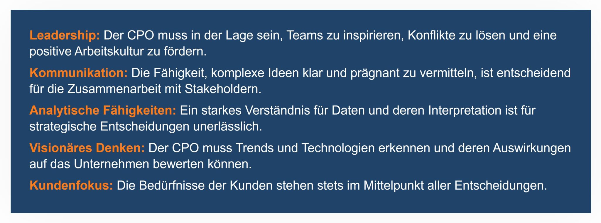 Infobox zu CPO-Kompetenzen: Leadership, Kommunikation, Analyse, Visionäres Denken, Kundenfokus