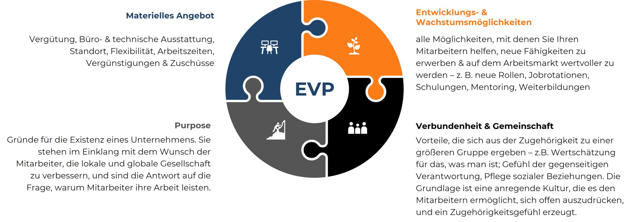 EVP-Puzzle: Materielles Angebot, Entwicklung, Gemeinschaft und Purpose als zentrale Arbeitgeberwerte.