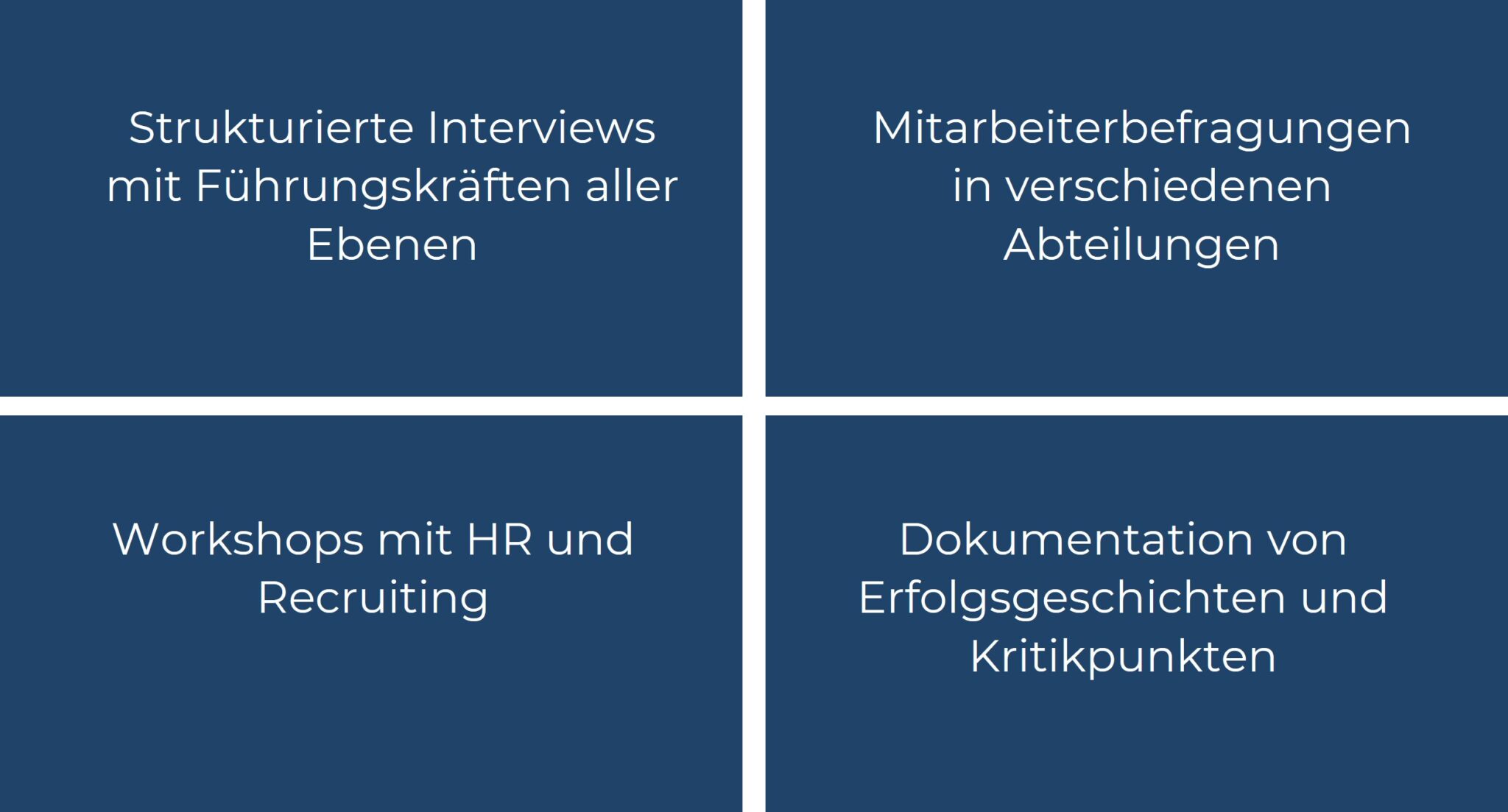 Kachel-Grafik zeigt Ansätze in EVP-Interviewphase: Interviews, Mitarbeiterbefragungen, HR-Workshops und Dokumentation für Verbesserungen.