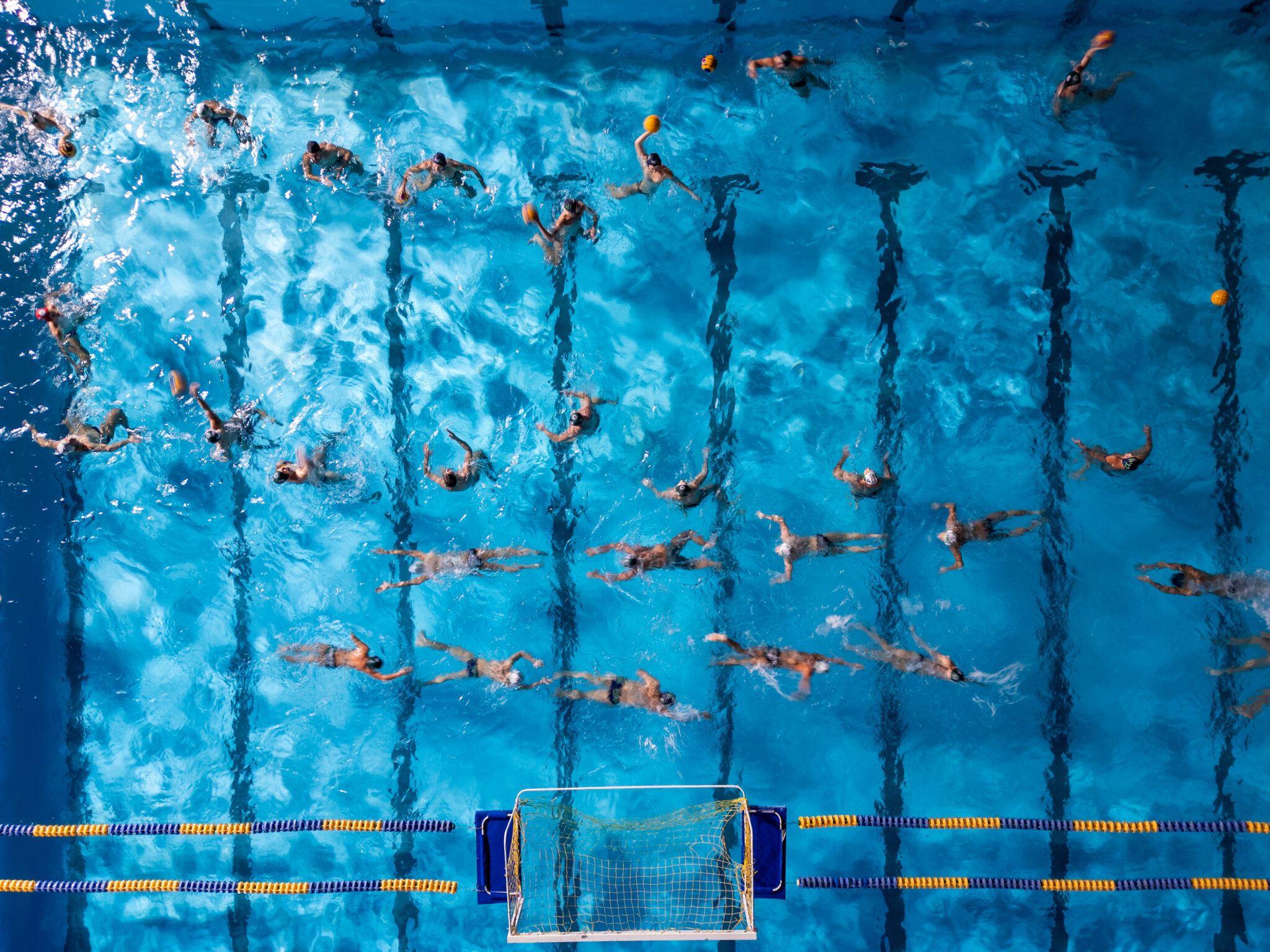 Vogelperspektive auf ein Schwimmbecken mit Wasserballspiel; mehrere Spieler in Aktion.