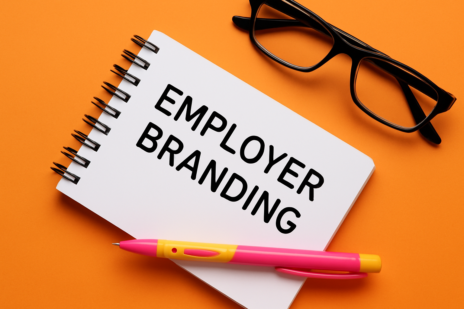Notizbuch mit dem Schriftzug "EMPLOYER BRANDING" daneben eine Brille und ein Stift. Diagrammart: Fotografie.
