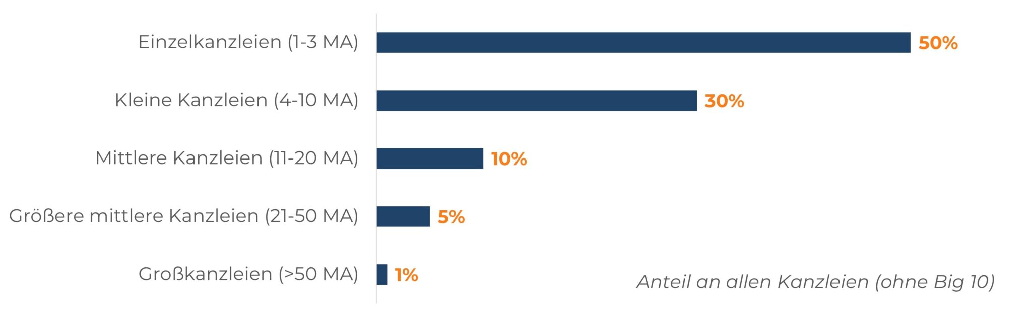 Horizontales Balkendiagramm: Struktur der Steuerkanzleien – Kleinstkanzleien dominieren mit 80%.