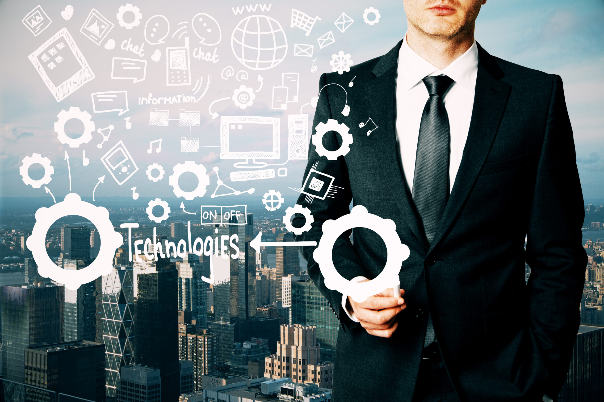 IT-Leiter im öffentlichen Sektor vor Skyline mit Icons zu bevorstehenden Aufgaben