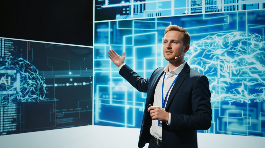 AI Engineer erklärt seine Arbeit vor einem Bildschirm