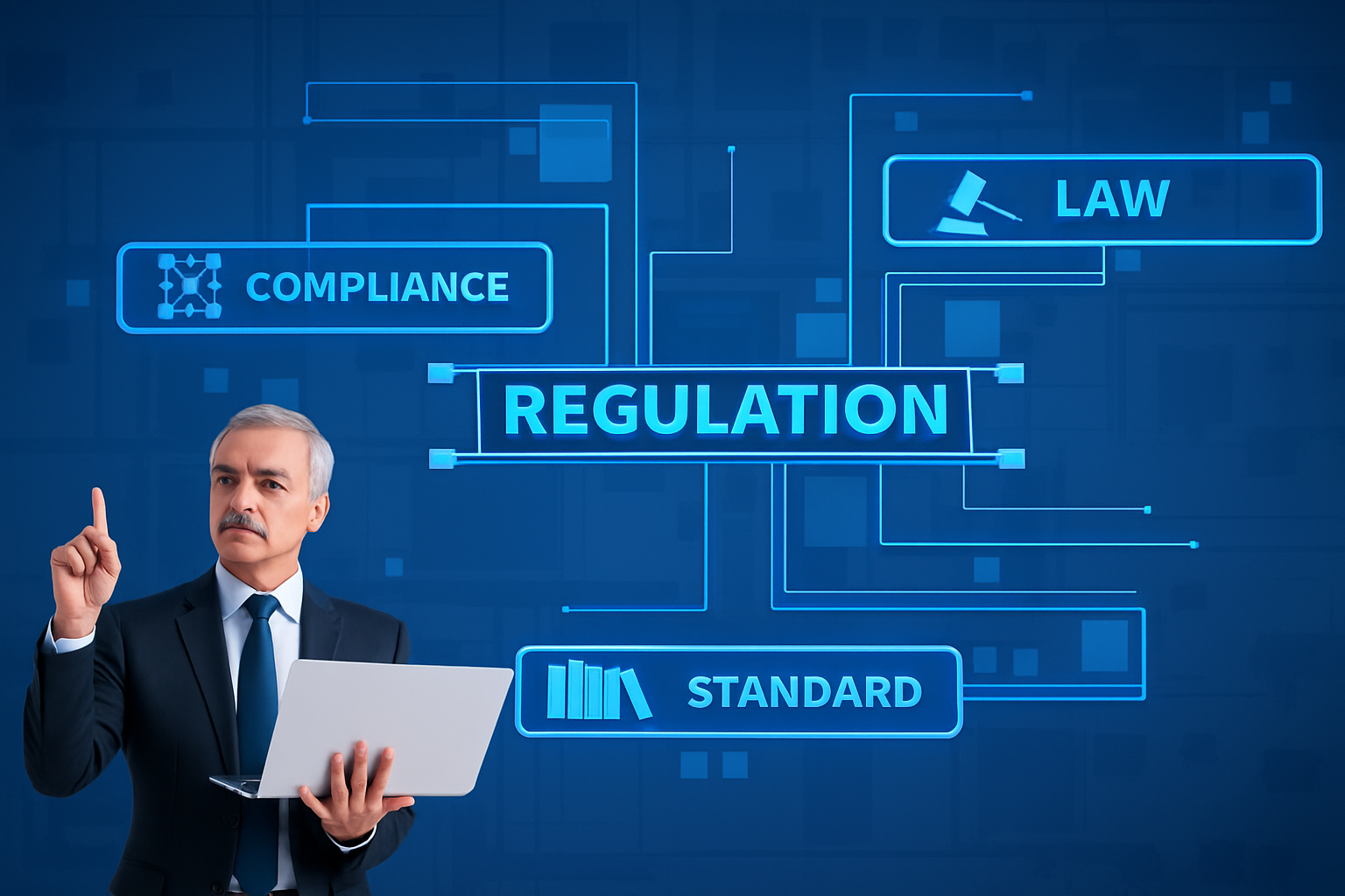 Stockfoto mit digitaler Grafiküberlagerung: Ein CCO mit Laptop vor einem Infografik-Netzwerk zu Regulation, Law und Standards