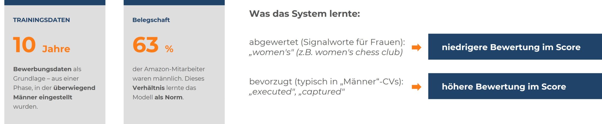 Infografik: Analyse systemischer Verzerrungen am Negativ-Beispiel von Amazon bei KI im Recruiting.