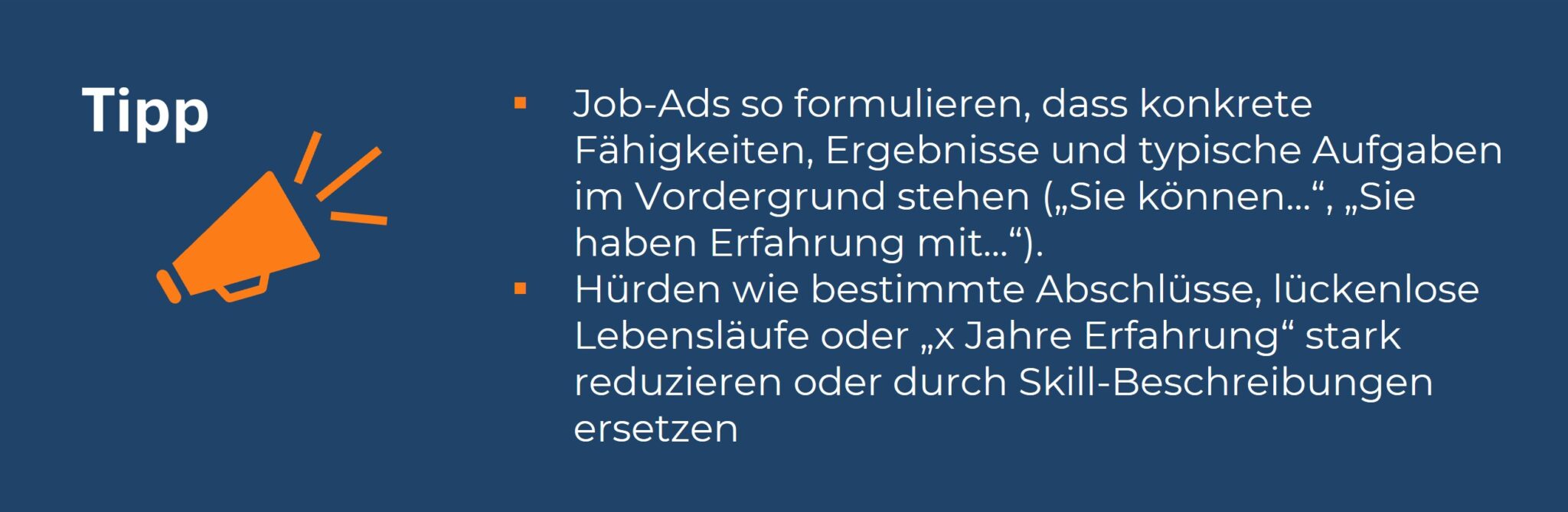 Infografik: Tipps für Skills-based Hiring durch kompetenzfokussierte Job-Ads und den Abbau formaler Hürden.